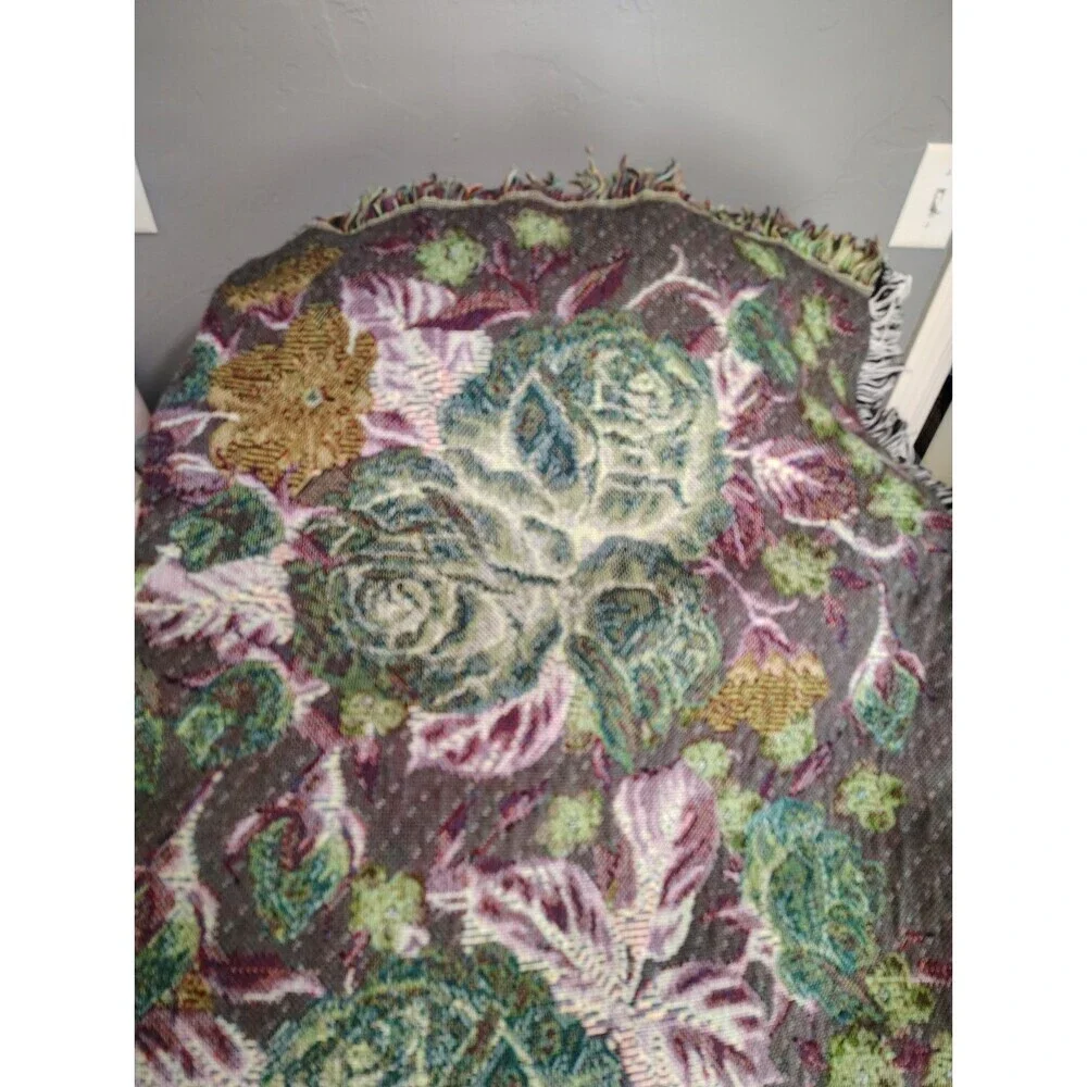 Vintage Large Floral Design Fringed Woven Citton Tapestry Throw Blanket 49x54